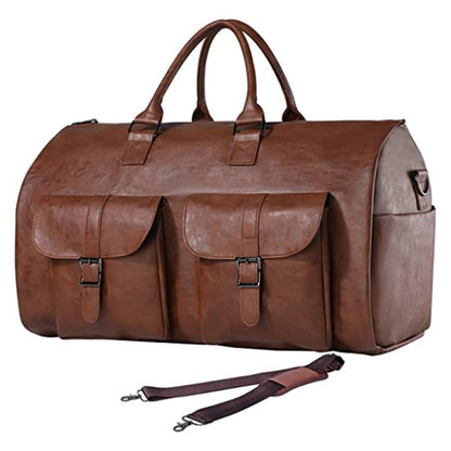 Foldable Carry on Duffel Bag PU Leather Overnight Luggage Bag With Shoes Compartment-Brown