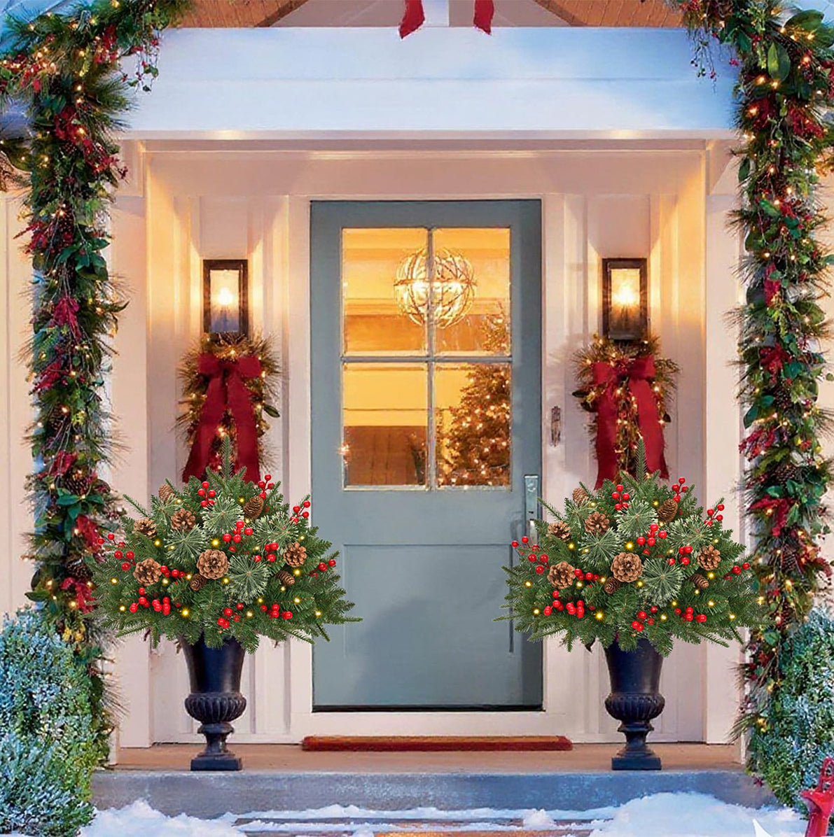 Battery Lit Artificial Pine Christmas Planter Stake for Outdoor Decor