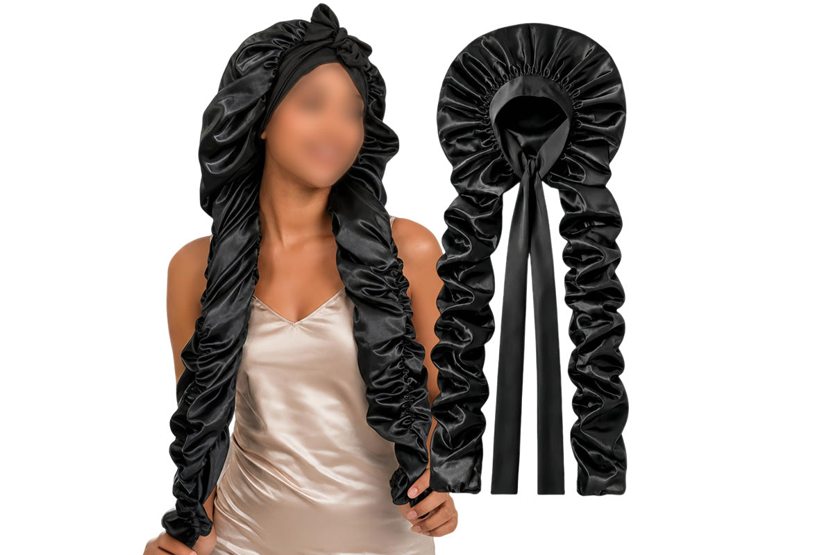 Double Layer Satin Sleep Cap for Long Hair Braids and Natural Hairstyles - Black
