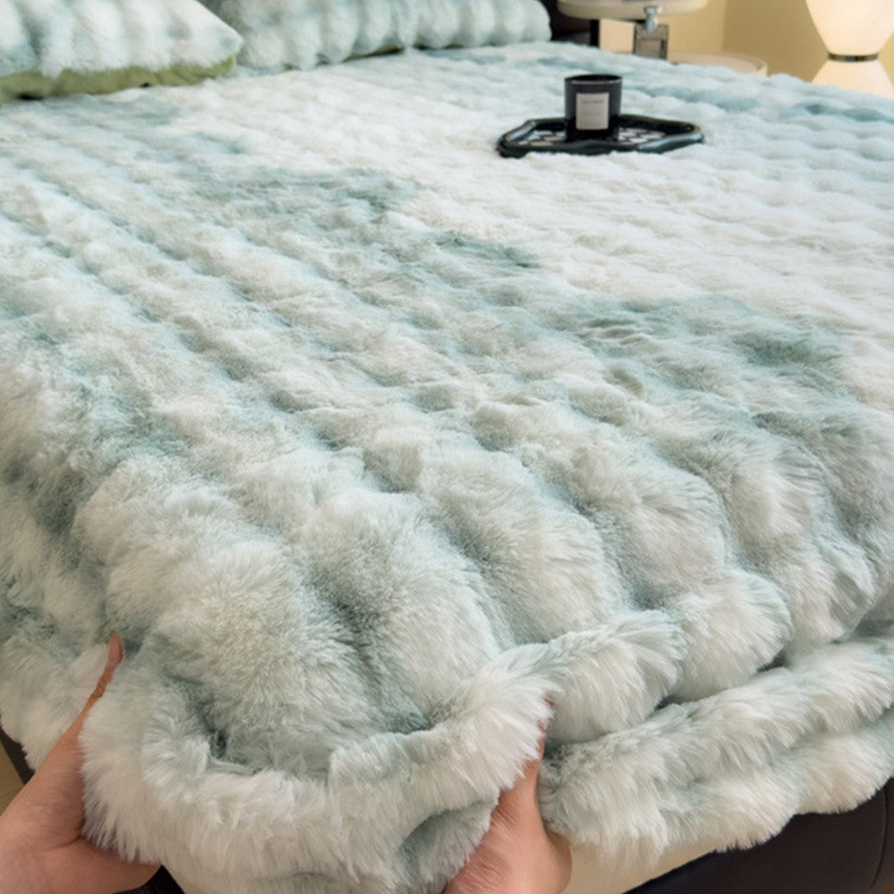 Plush Fitted Sheet with 2 Pillowcases Set Warm Mattress Cover Faux Fur Fitted Sheet Bedding Kit Green