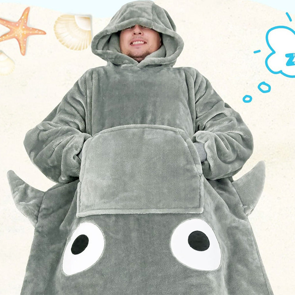 Shark Hoodie Blanket Cartoon Sleeping Wearable Adult Throw Blanket Grey