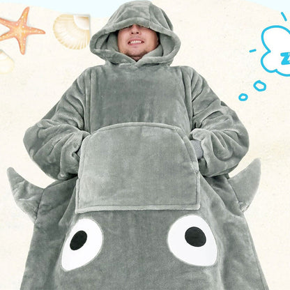 Shark Hoodie Blanket Cartoon Sleeping Wearable Adult Throw Blanket Grey