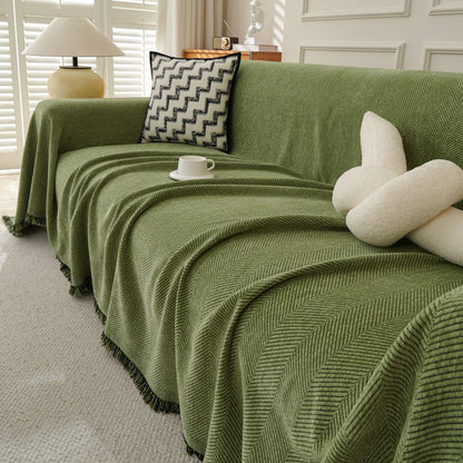 Herringbone Tassel Sofa Throw Cover Large Blanket for Couch Furniture Protector-Green