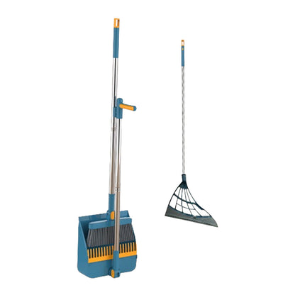 180-Degree Rotating Broom and Foldable Standing Dustpan Set with Scraper for Home Office Blue