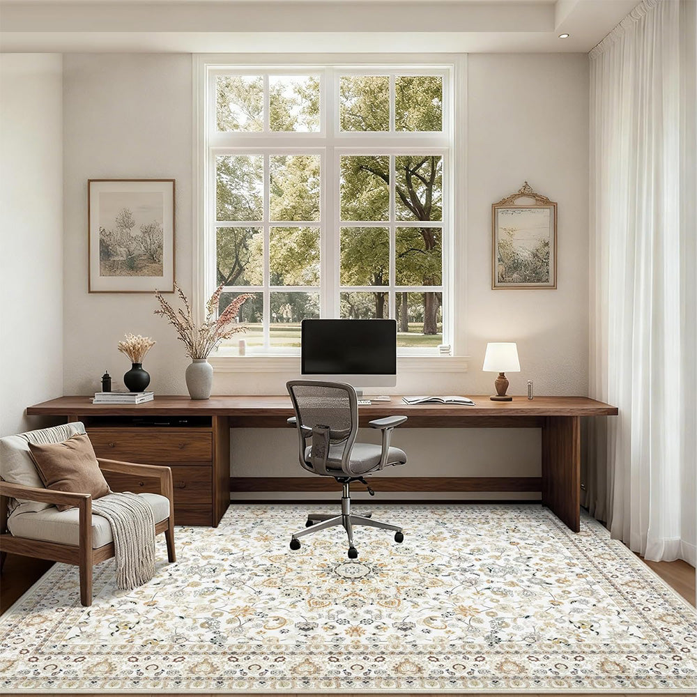 Crystal Velvet Vintage Boho Rug Non-Slip Floor Carpet for Bedroom Dining Room-White