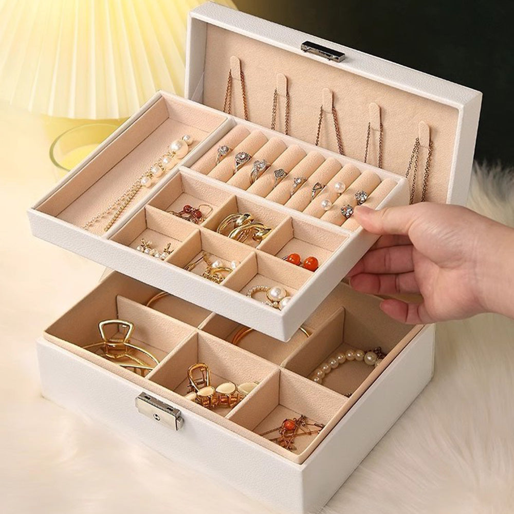 Jewellery Organiser Case Box Holder Storage Earring Ring Display with Lock and Key-White