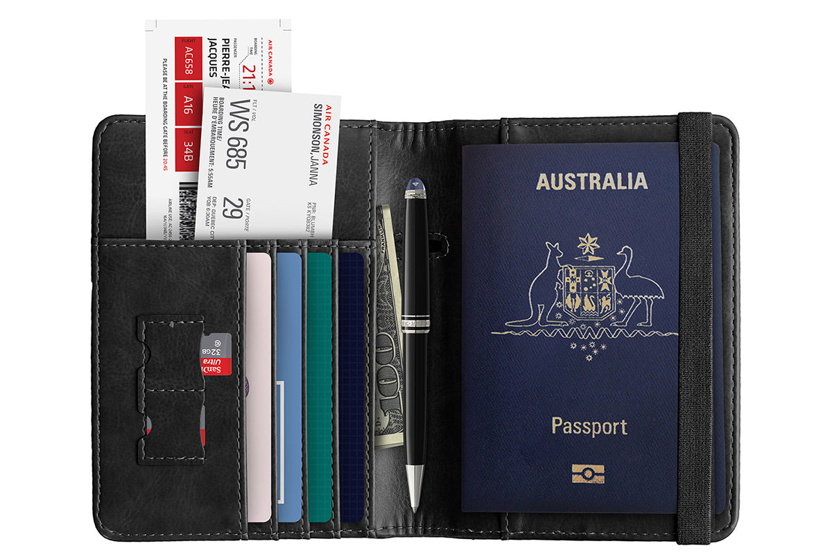 RFID Blocking Passport Wallet Water Resistant Travel Document Organizer -Black