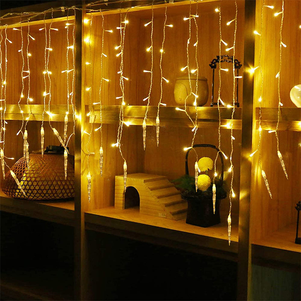 Christmas Icicle Lights Window Curtain Drooping Light String with 8 Modes - Warm White