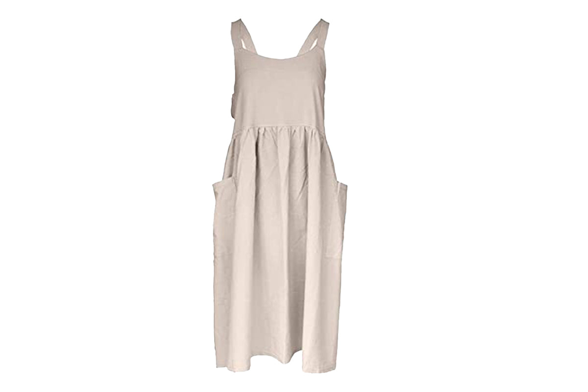 Cotton Linen Aprons Cross Back Apron with Pockets for Women with Pockets Pinafore Dress for Baking Cooking-Beige