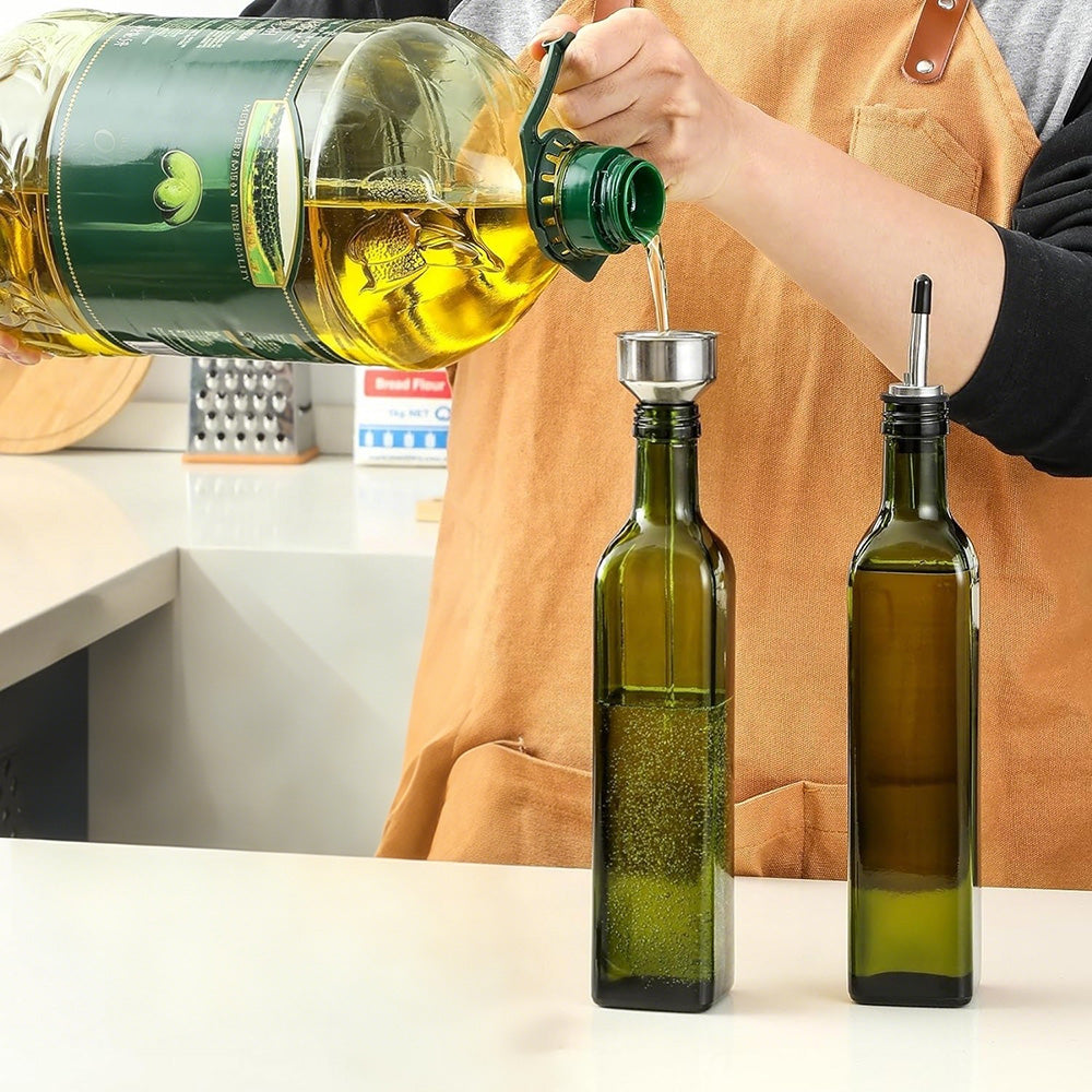 Glass Olive Oil Bottle Dispenser Oil And Vinegar Cruet With Pourers And Funnel -Green
