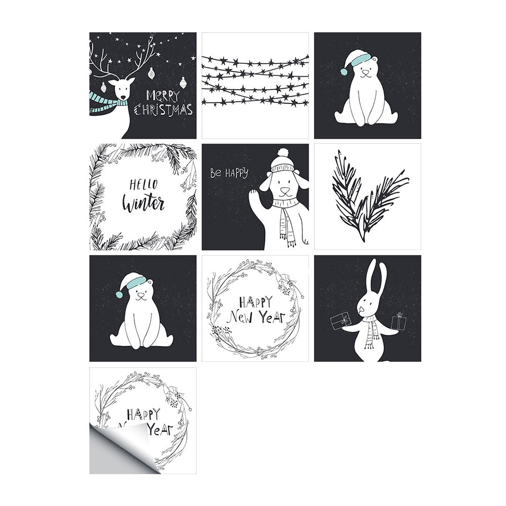 10Pcs Cartoon Animals Words Wall Stickers Water Resistant Wallpaper Removable Decal for Kitchen Bathroom -Black