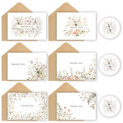 36 Pack Floral Thank You Cards Bulk with Kraft Envelopes Matching Stickers