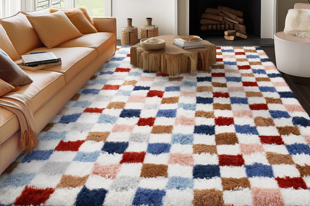 Checkered Plush Shaggy Rug Non Slip Carpet - Milticolor