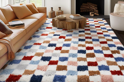 Checkered Plush Shaggy Rug Non Slip Carpet - Milticolor
