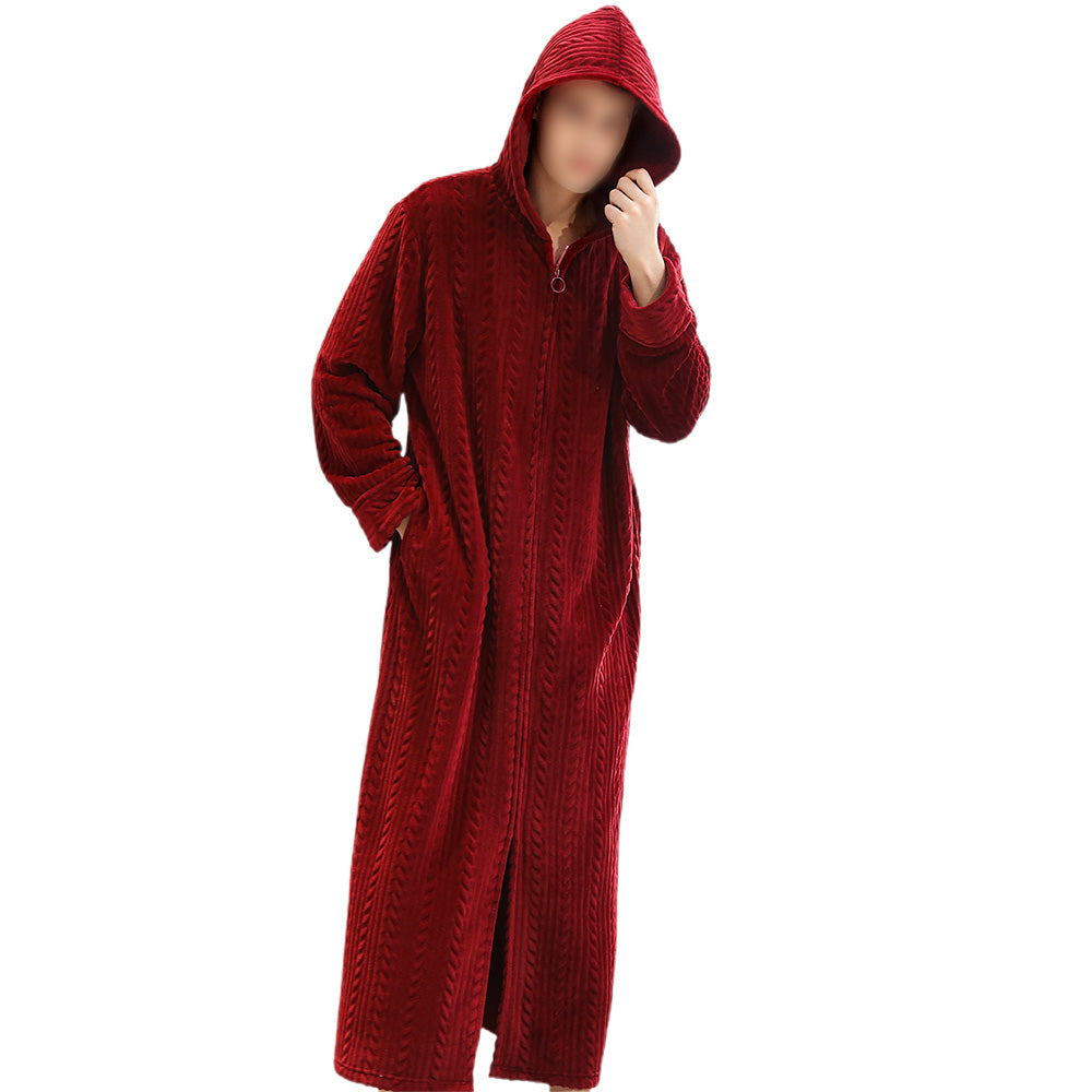 Unisex Bathrobe Fleece Robes Winter Warm Nightgown Sleepwear Pyjamas-Wine Red