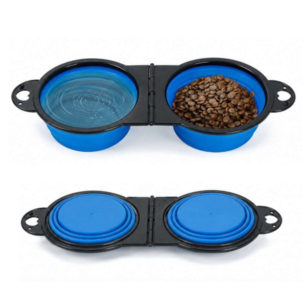 Portable Foldable Dual Pet Bowls for Cats Dogs Outdoor Home Use - Blue