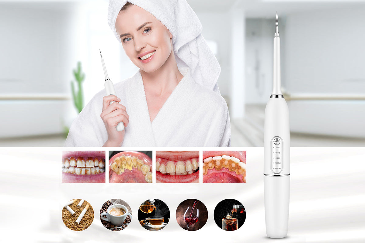 Tooth Cleaning Tool Kit Electric Dental Calculus Remover with Replaceable Clean Heads-White