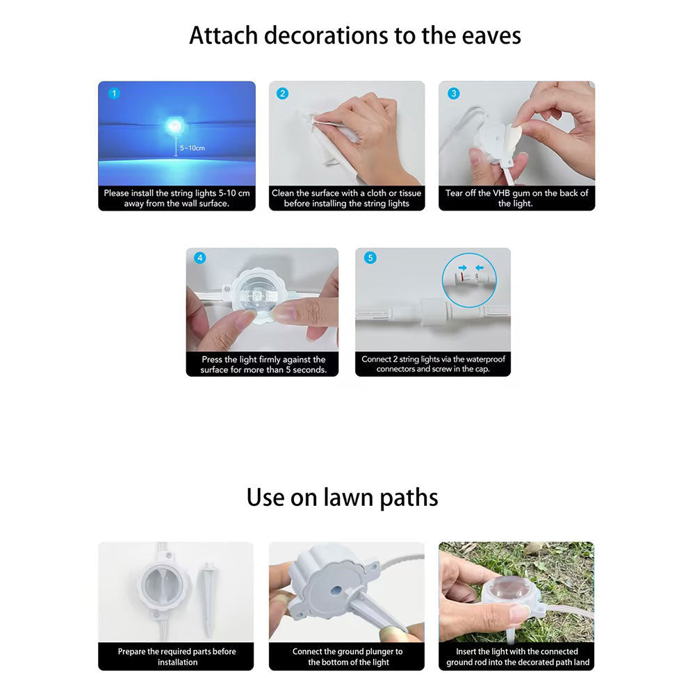 Bluetooth RGB Smart Eave Lights Solar Powered Outdoor Christmas LED String Lights