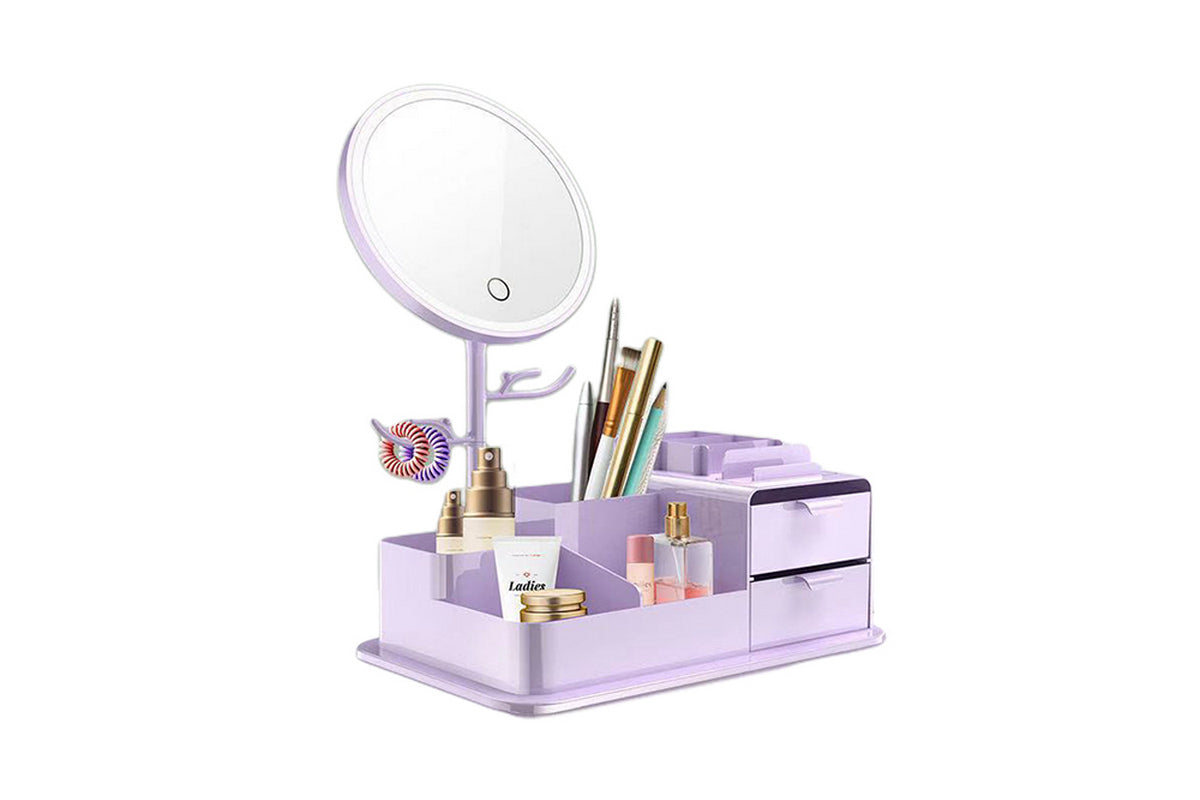 Portable Makeup Storage Box With LED Light Up Mirror Storage Makeup Brushes-Purple