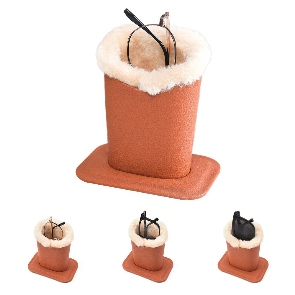 Soft Plush Lined Eyeglasses Desk Holder PU Leather Glasses Display Stand With Base-Brown