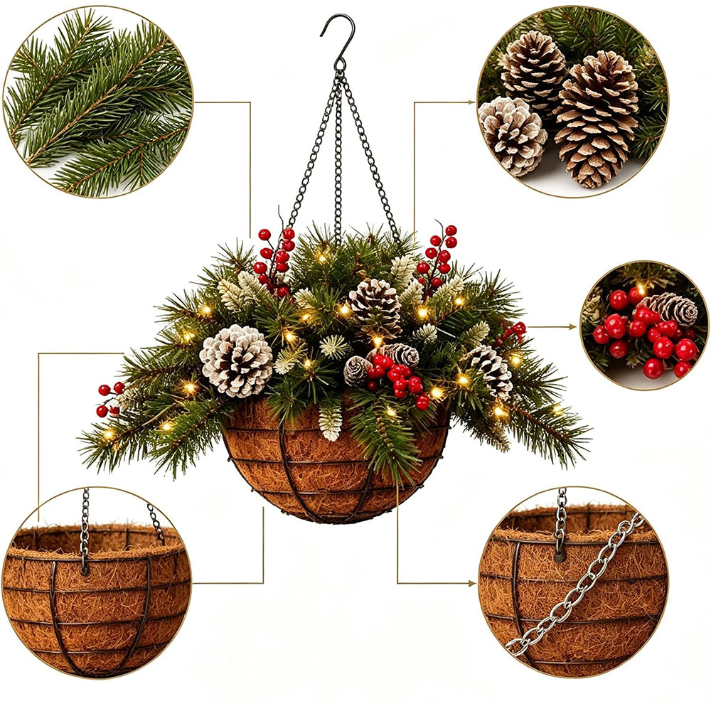 Pre-Lit Artificial Christmas Hanging Basket and Wreath LED Lights with Red Berries