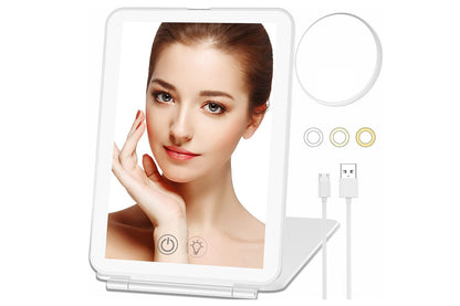 Touch Screen Makeup Mirror USB Rechargeable Cosmetic Mirror Portable Make Up Mirrors LED Mirror-White