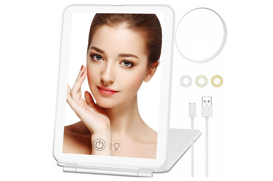 Touch Screen Makeup Mirror USB Rechargeable Cosmetic Mirror Portable Make Up Mirrors LED Mirror-White