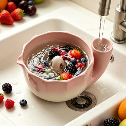 Self-Spinning Ceramic Berry Washing Bowl Set with  2 Fruit Forks -Pink