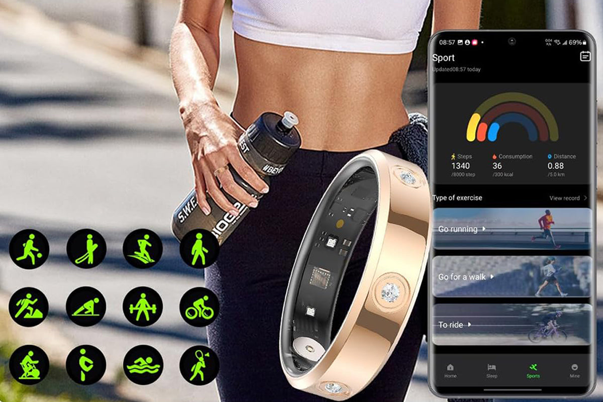 Elegant Stainless Steel Smart Ring with Charging Case - Gold