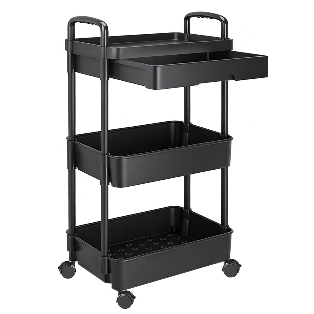 3 Tier Rolling Utility Cart with Removable Drawer for Kitchen Snack Craft-Black