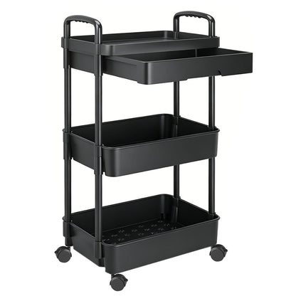 3 Tier Rolling Utility Cart with Removable Drawer for Kitchen Snack Craft-Black