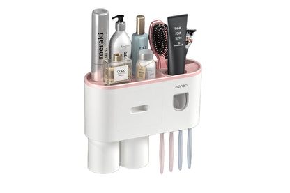 Wall Mounted Toothbrush Holder for Bathroom Automatic Toothpaste Dispenser Kit-Pink