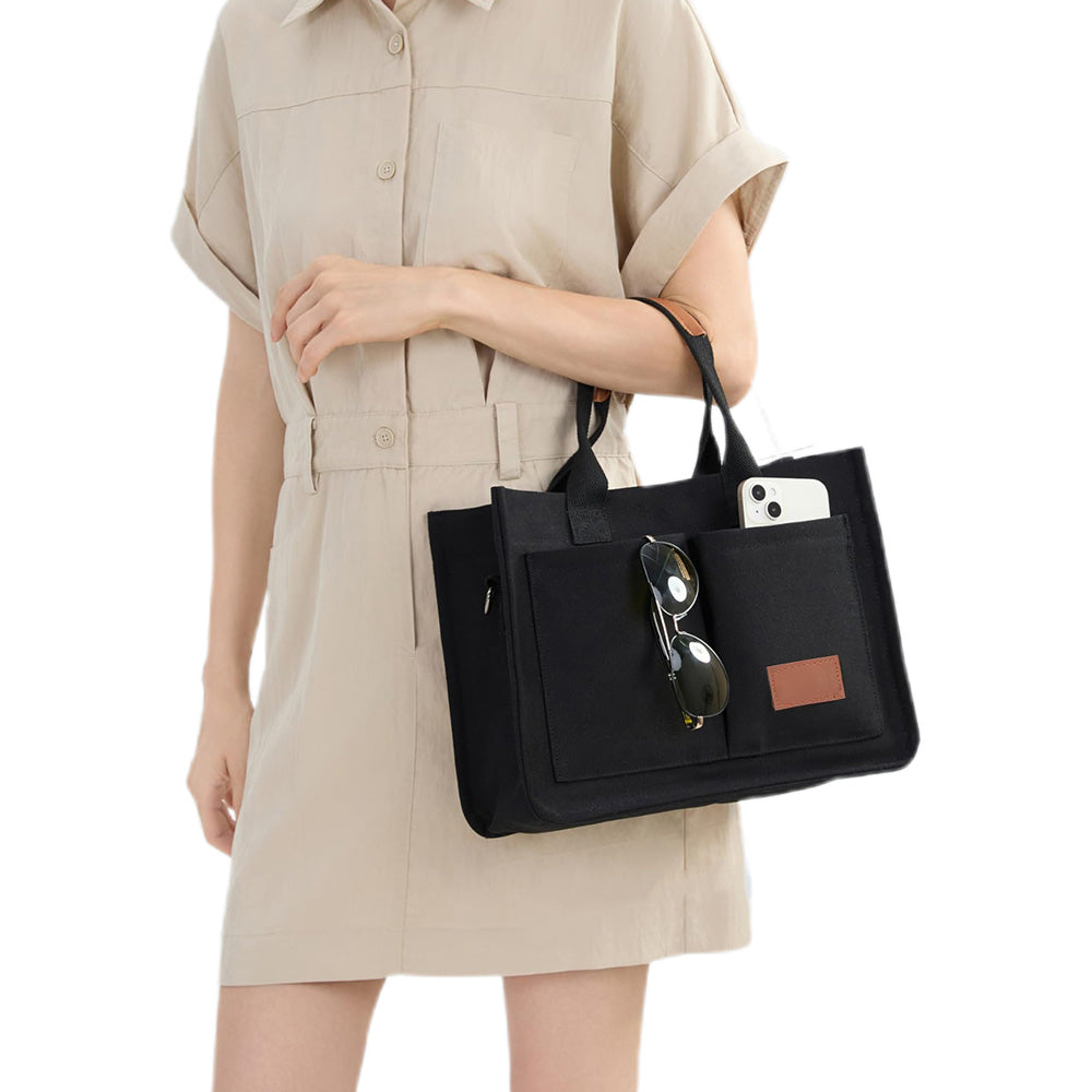 Canvas Tote Bag with Laptop Compartment Multi-Pocket Crossbody for Women Black