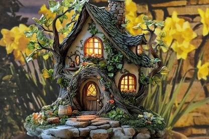 2Pcs Acrylic Fairy House Stake Fairy Garden Stake 2D Garden Fairy House Statue -Tree house and Mushroom house