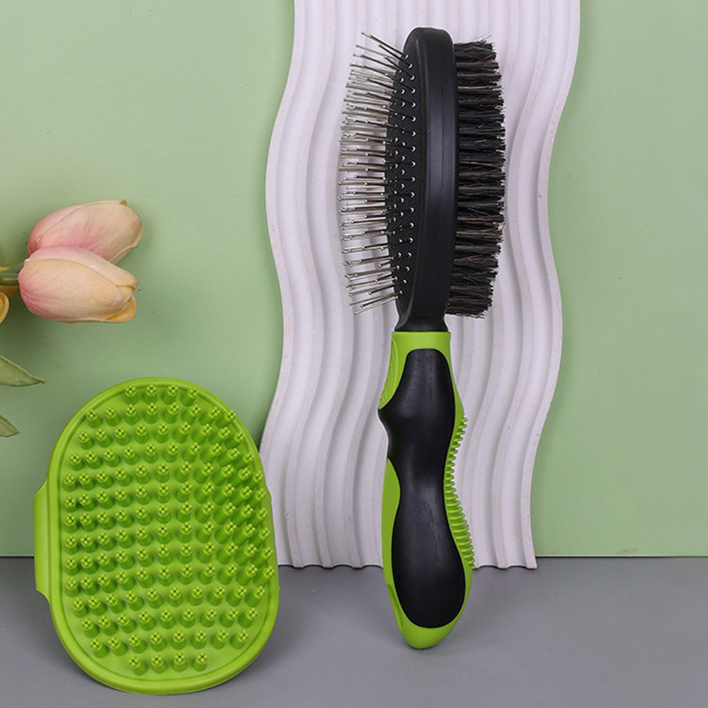2PCS Pet Grooming Tools Pet Bath Brush Deshedding Dog Brush Suitable For Dogs Cats and Horses-Green