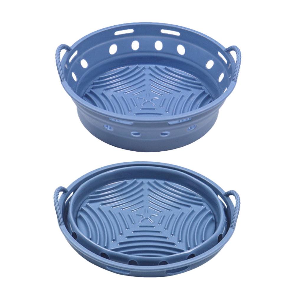 2Pcs Round Foldable Air Fryer Silicone Pot Reusable Air Fryer Basket Oven Baking Tray Pan Air Fryer Liner Green and Blue