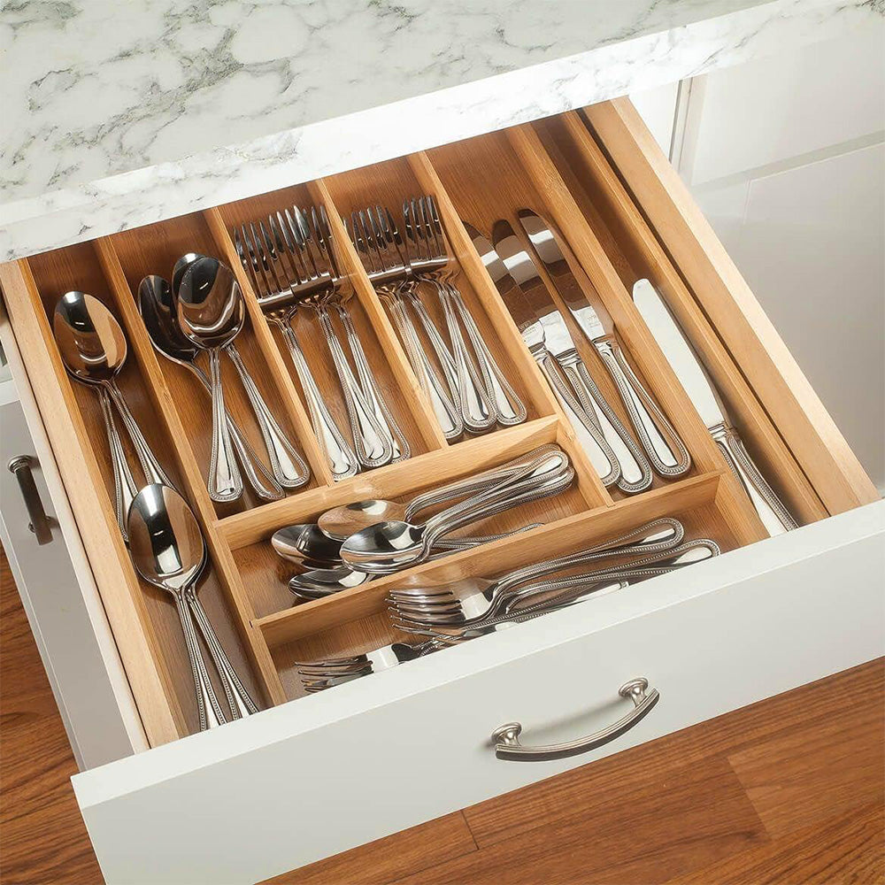 Expandable Drawer Organizer for Cutlery and Utensils Adjustable Bamboo Flatware Tray Kitchen Tool