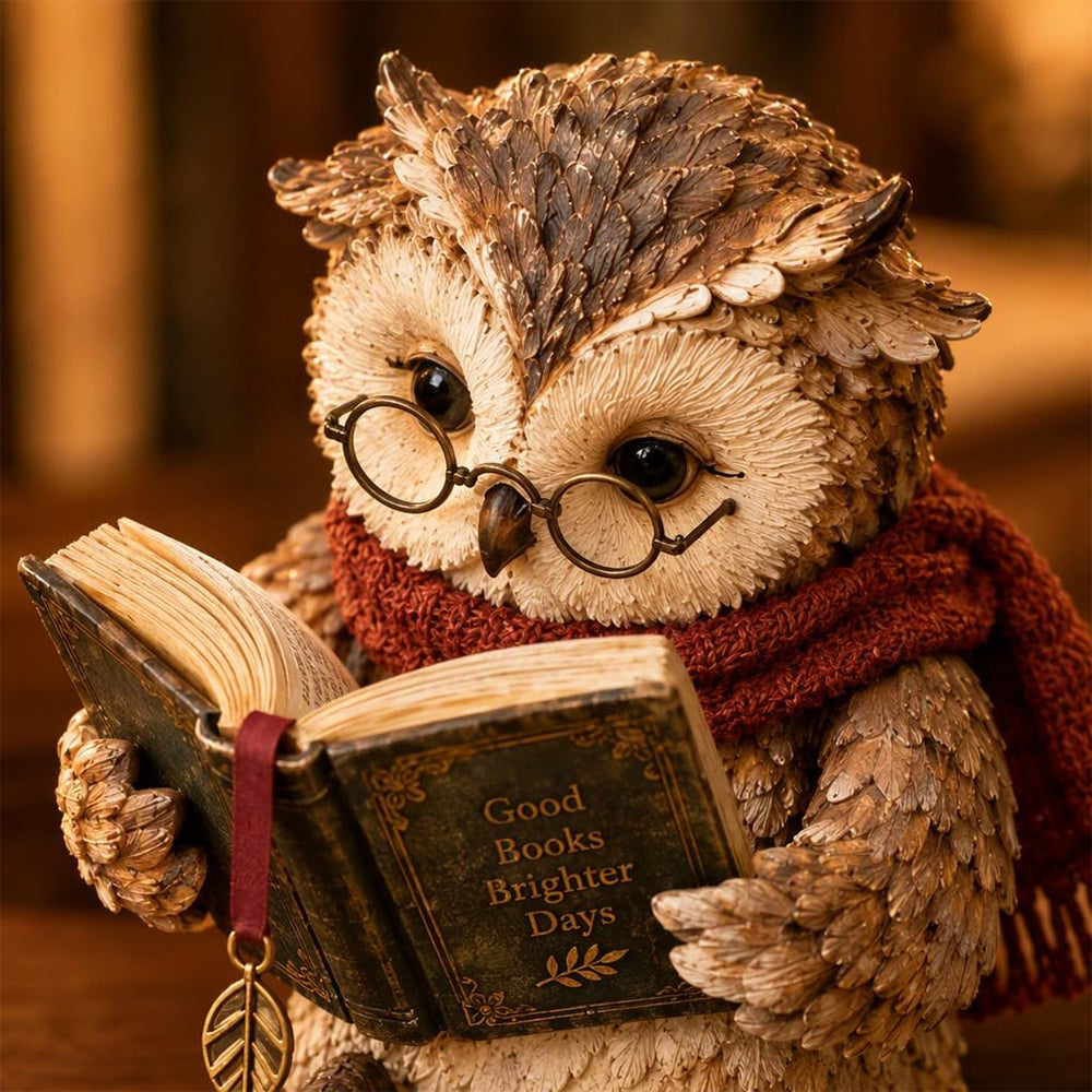 Reading Owl Figurine Resin Cute Whimsical Bookshelf Decor for Mantel Desk