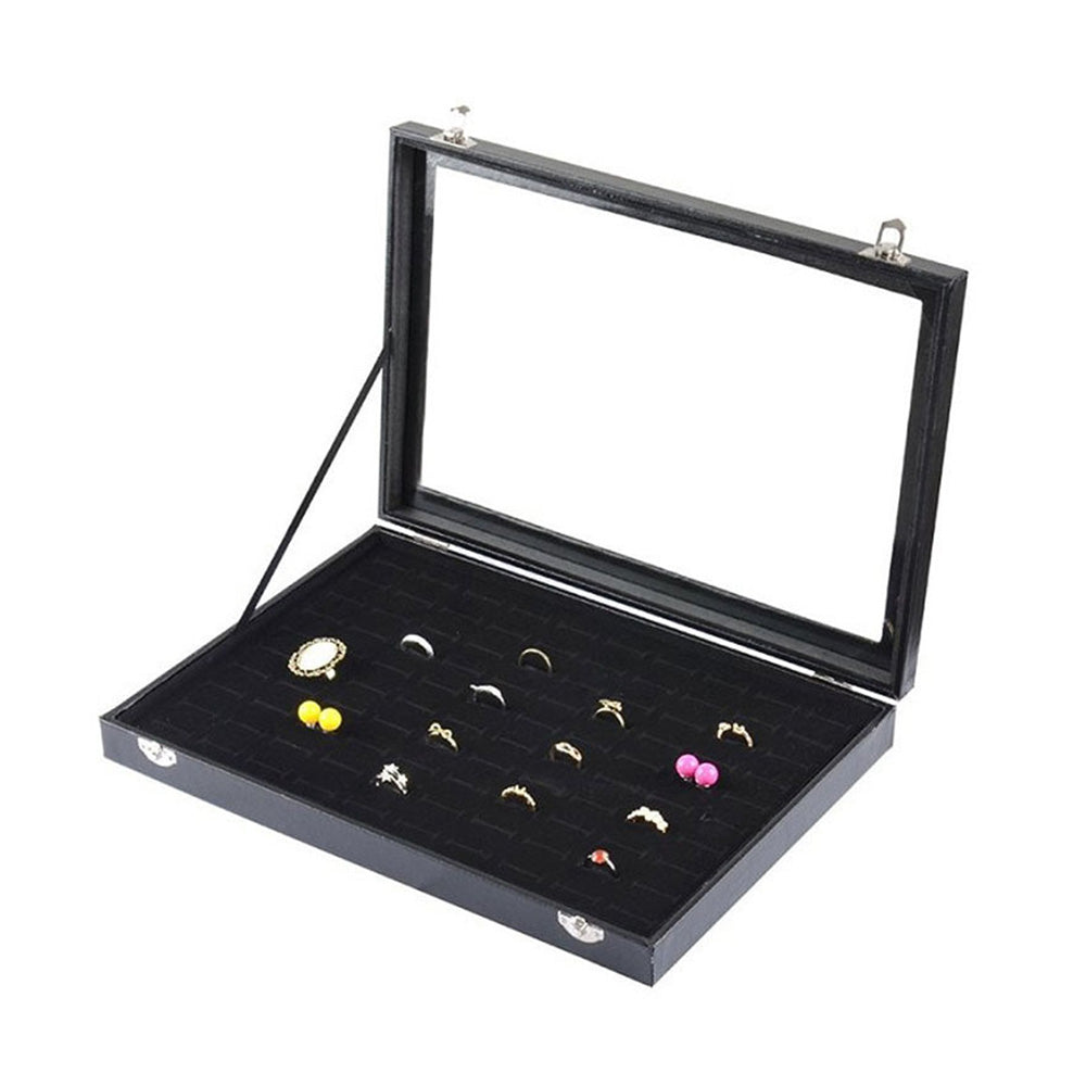 100 Slots Jewelry Ring Display Organizer Box with Glass Lid ¨C Earring and Ring Storage Tray
