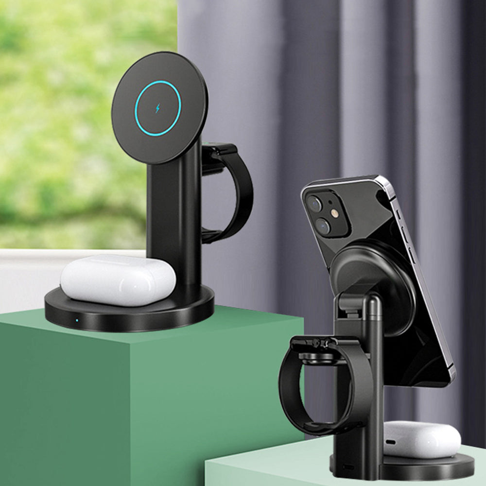 3-in-1 Wireless Magnetic Charging Station Charger Stand for iPhone Apple Watch AirPods Wireless Charging Phone Black