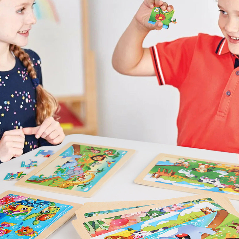 4 Packs 24Pcs Puzzles Wooden Jigsaw Puzzles Preschool Educational Puzzles Boards Toys Style 1