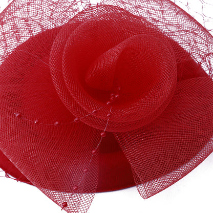 Vintage Mesh Rose Birdcage Veil Bridal Hair Headpiece - Red