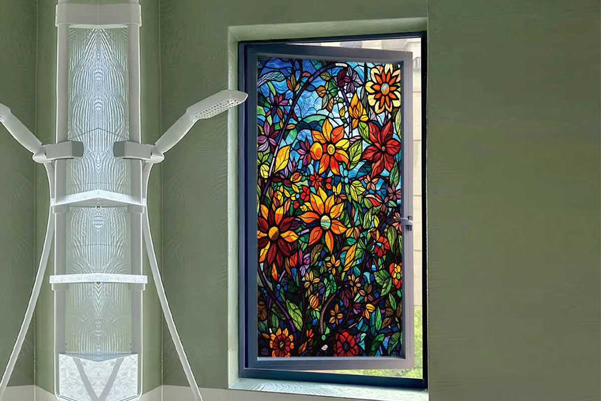 2Pcs Static Cling Windows Film Frosted Stained Glass Stickers Flower Decor