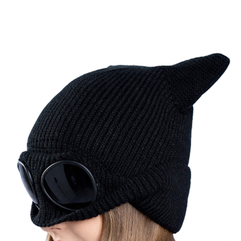 Double Layer Knit Winter Beanie with Goggles - Black