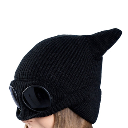 Double Layer Knit Winter Beanie with Goggles - Black