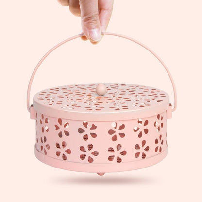 Metal Mosquito Coil Holder with Lid Portable Hanging Incense Burner Box Pink