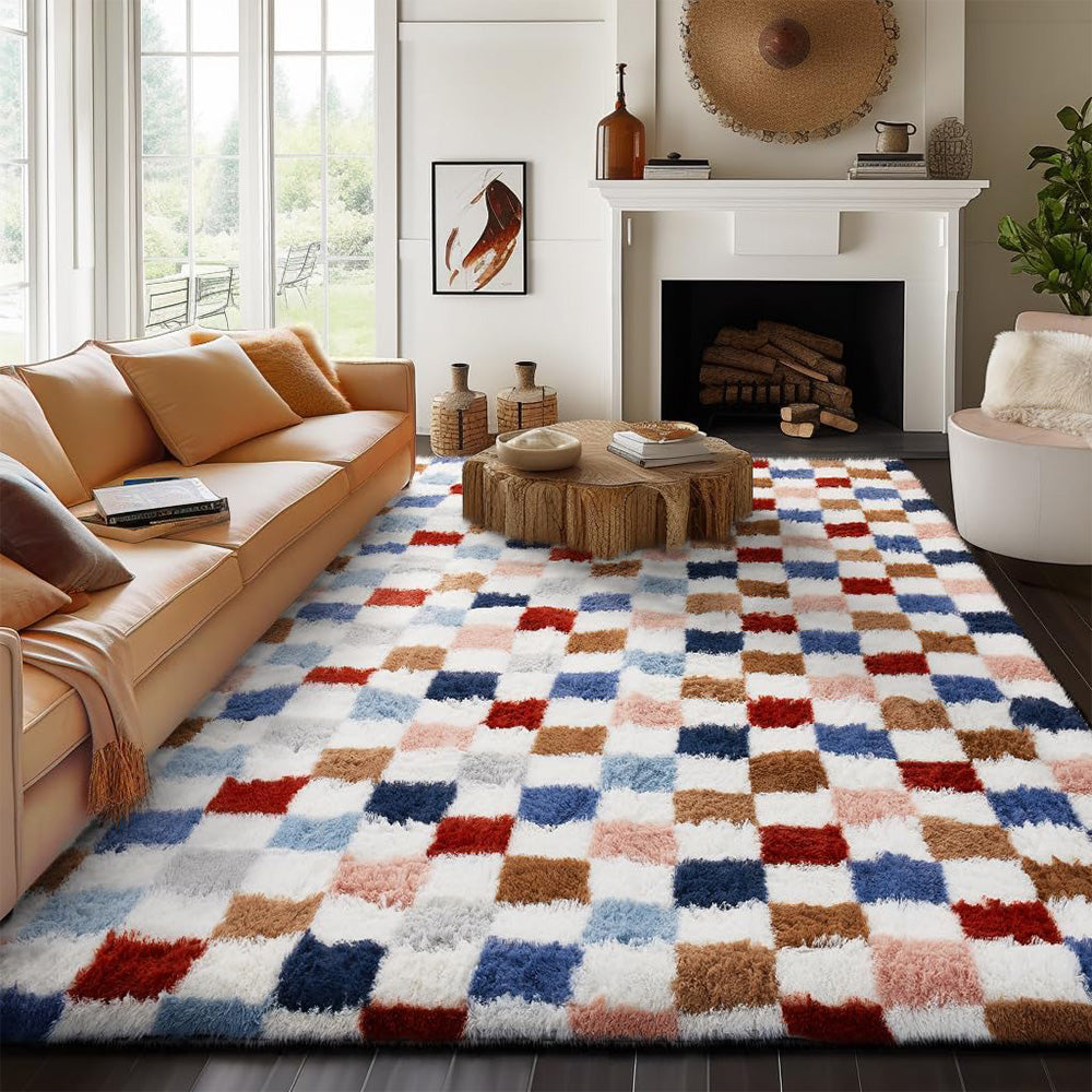 Checkered Plush Shaggy Rug Thickened Non Slip Carpet for Living Room Bedroom-Mixed