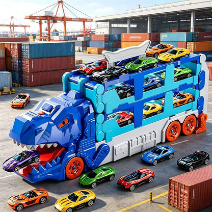 Foldable Dinosaur Truck with Dual Tracks and 6 Small Cars - Blue