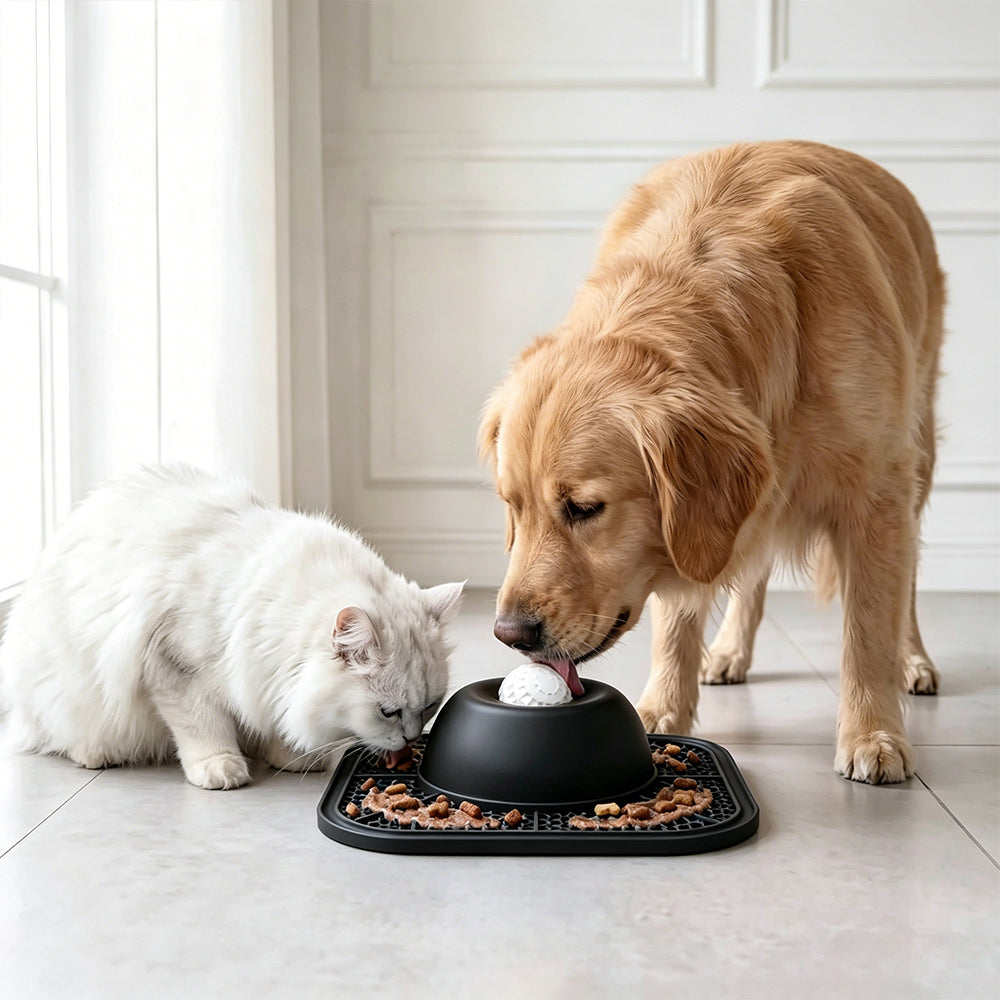 2 in 1 Dog Slow Feeder Bowl with Rolling Ball Lick Mat Non Slip Suction Cup-Black