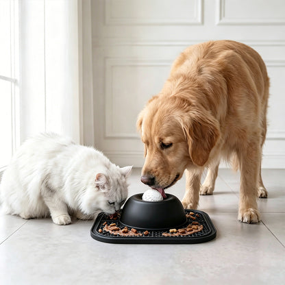2 in 1 Dog Slow Feeder Bowl with Rolling Ball Lick Mat Non Slip Suction Cup-Black